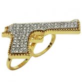 Anel Dois Dedos Pistola Strass Dourado