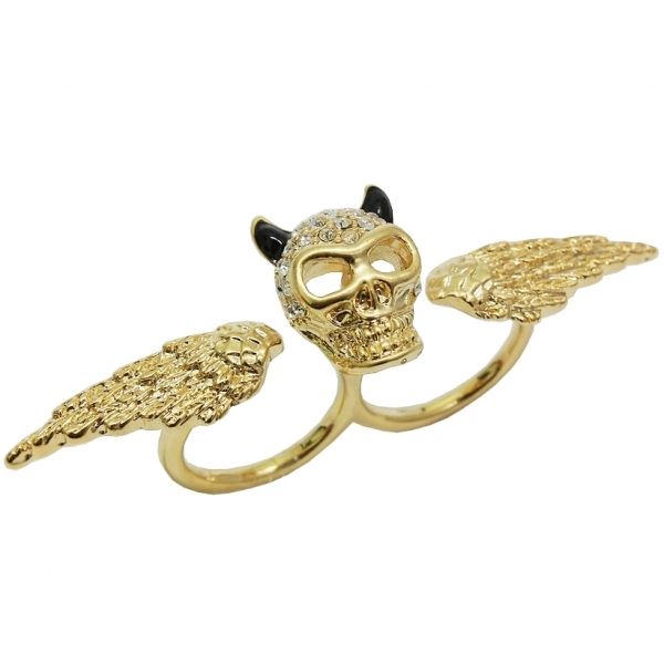 Anel Dois Dedos Caveira Demon Dourado Strass